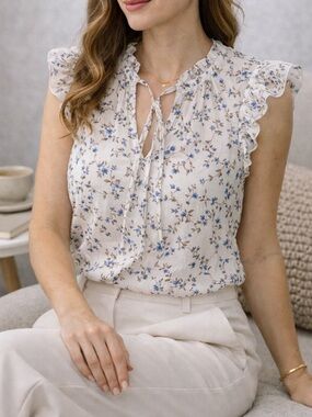 Ruffled Tie-Neck Floral Camisole in Ivory with Blue Blossoms